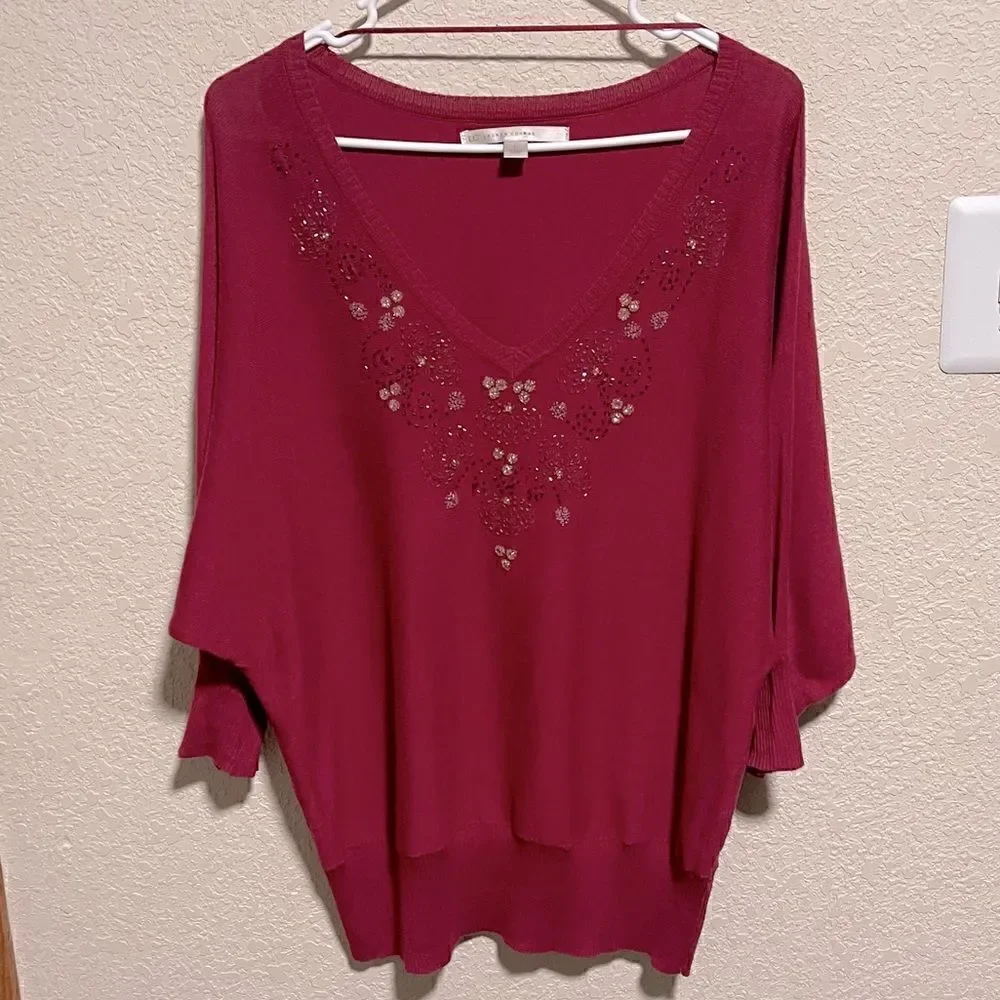 LC Lauren Conrad- Berry Beaded Floral Sweater, Size Large